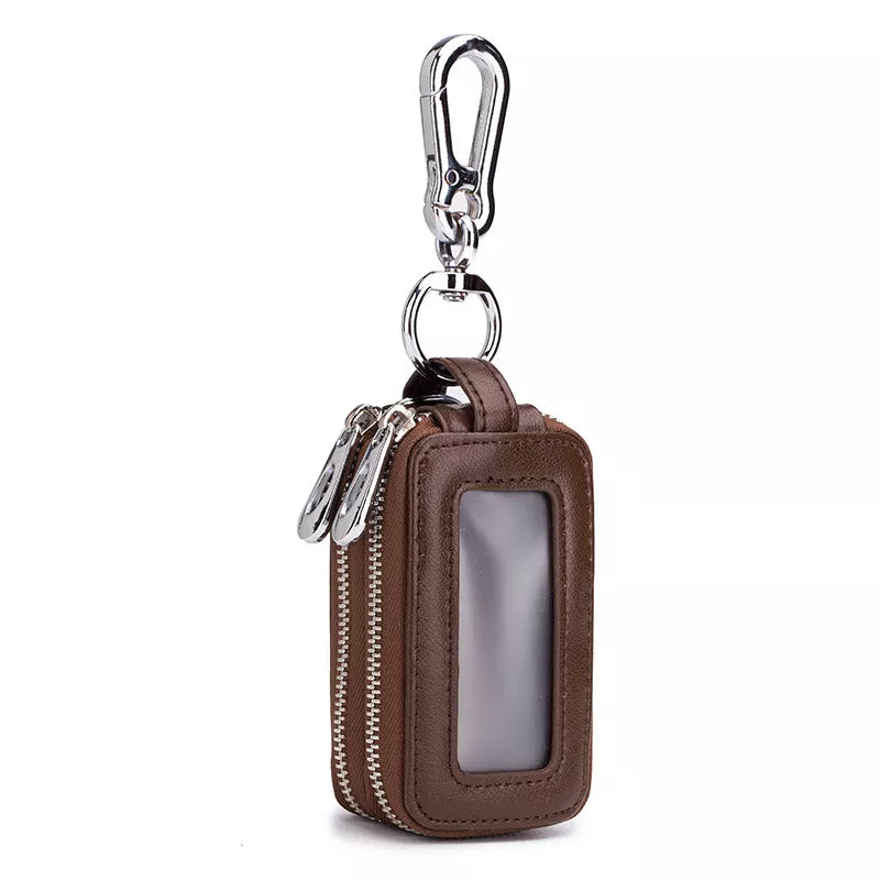 Estuche para llaves de coche y casa de auténtica piel de vaca, cartera mini con cremallera de doble bolsillo, color amarillo tierra, tarjetero con bolsillo transparente para hombre y mujer