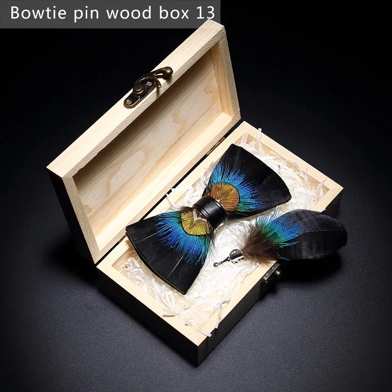 Nuevo set de regalo de pajarita de plumas hecha a mano para hombre, con broche, accesorios de fiesta y boda, regalo para el Día del Padre
