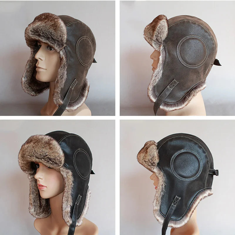 Winter Ushanka Hat Men Women's Pilot Aviator Trapper Hat Faux Fur  PU Leather Snow Cap With Ear Flaps