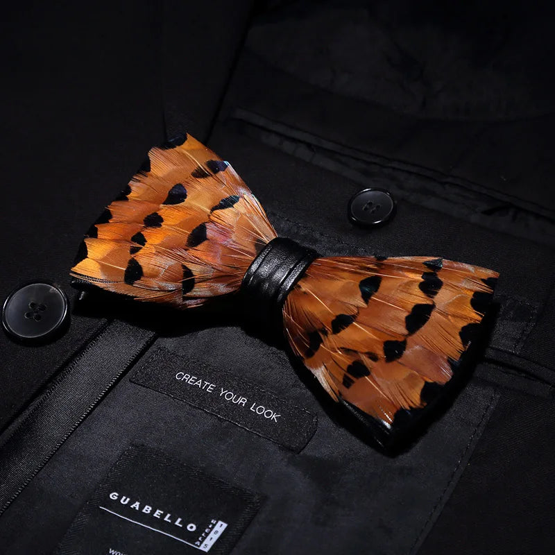 KAMBERFT Designer Brand Handmade Feather and Leather Pre-Tied Bow Tie for Men Wedding Party Best Gift Cravate