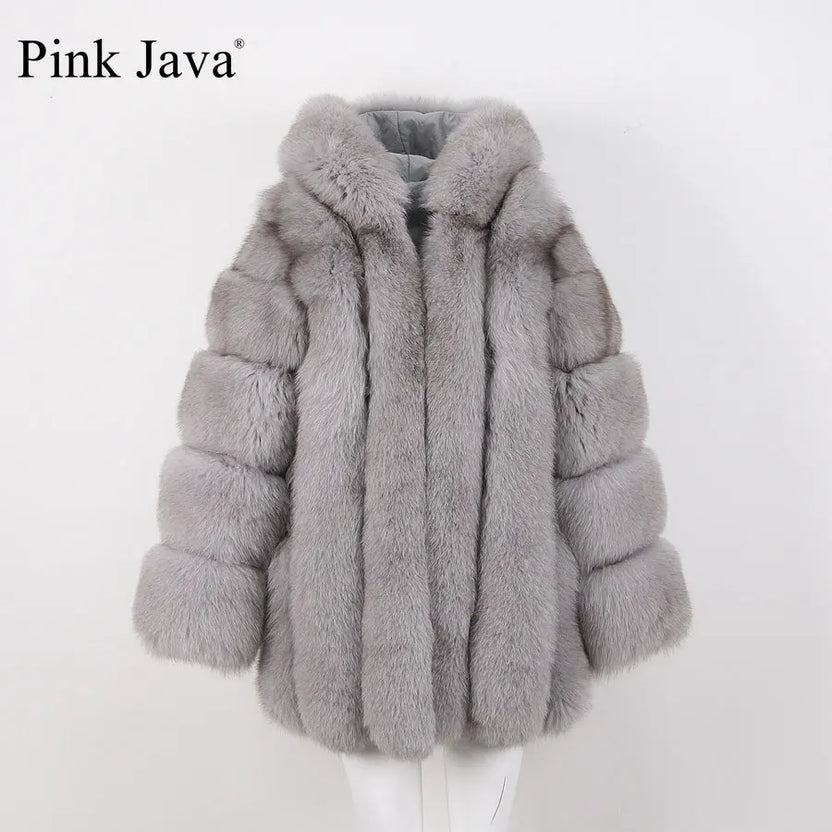 Różowy płaszcz damski z naturalnego futra lisa Pink Java QC8149, nowy model 2018, długi rękaw, z kapturem, wysokiej jakości odzież z prawdziwego lisa