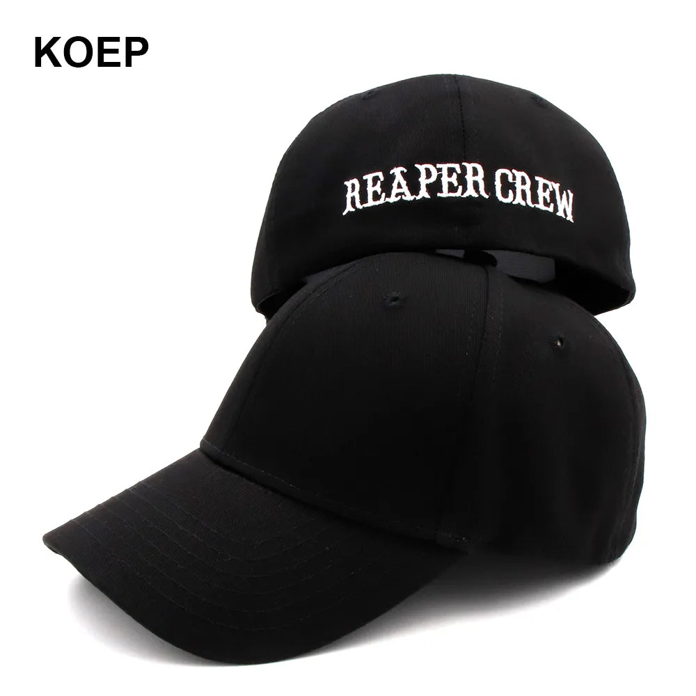 KOEP SOA Black Hats Sons of Anarchy for Reaper Crew Fitted Baseball Cap Women Letters Embroidered Hip Hop Hat for Men