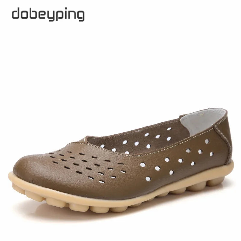 Dobeyping Genuine Leather Women Flats New Cut-Outs Summer Shoes Woman Hollow Women's Loafers Female Solid Shoe Large Size 35-44
