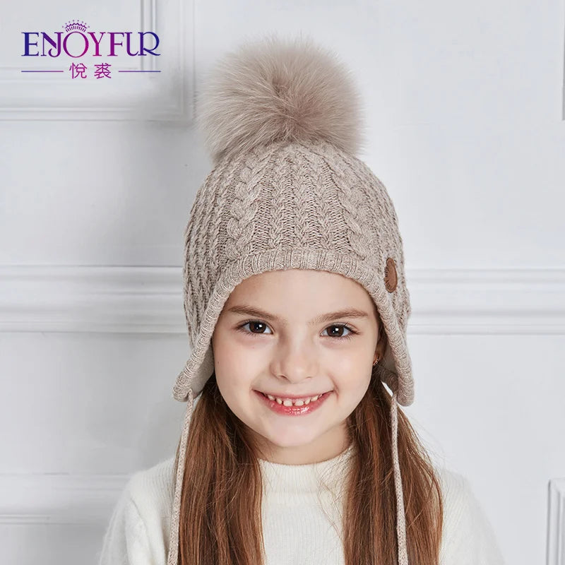 Gorro de punto de invierno ENJOYFUR para niños y niñas con pompón de piel de zorro natural, gorro cálido y grueso con orejeras para bebé