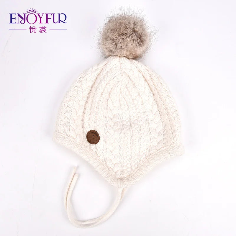 ENJOYFUR Kids Winter Knit Hats for Girl Boy Natural Fox Fur Pompom Children Bonnets Warm Thick Cute Baby Outdoor Earflap Beanies