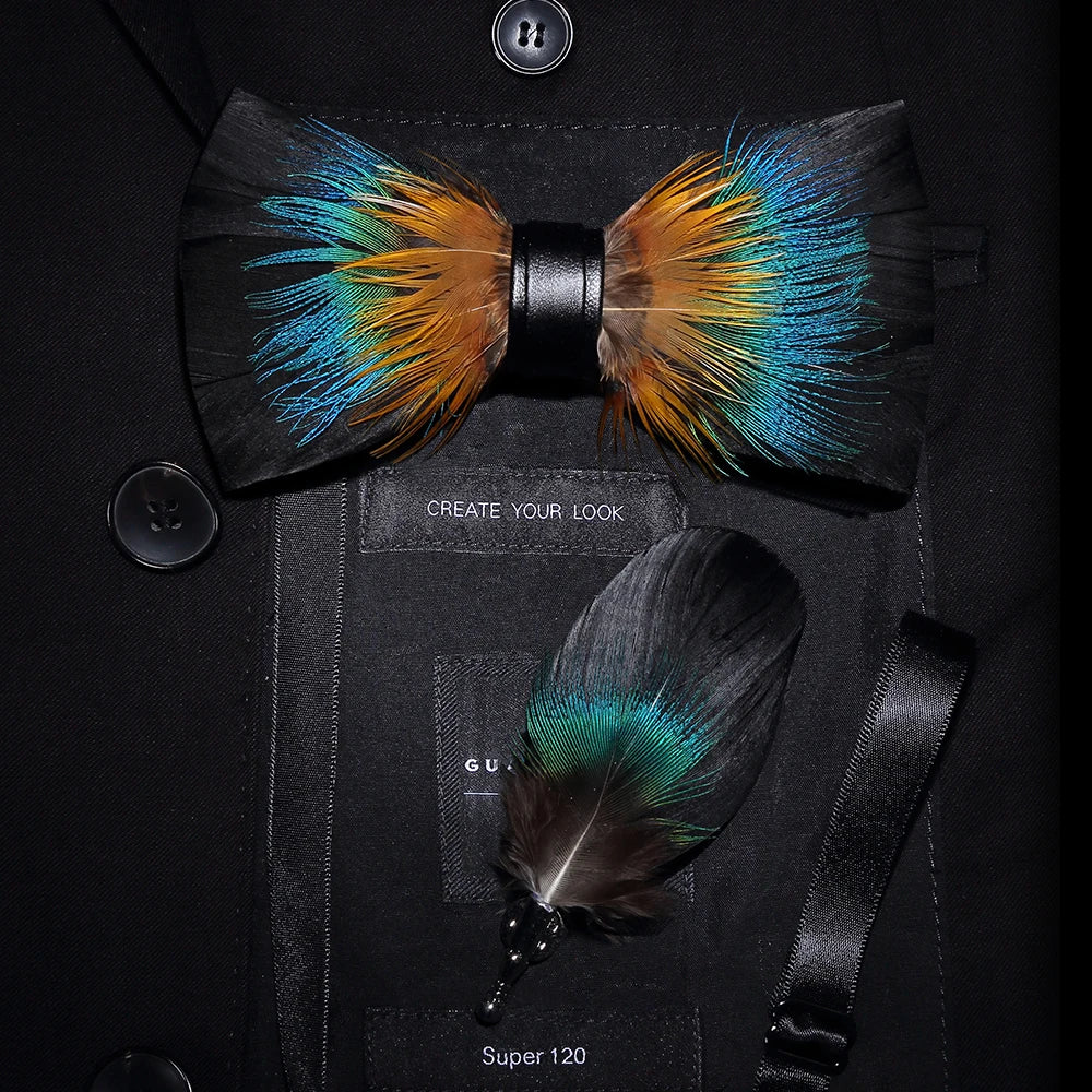 Nuevo set de regalo de pajarita de plumas hecha a mano para hombre, con broche, accesorios de fiesta y boda, regalo para el Día del Padre