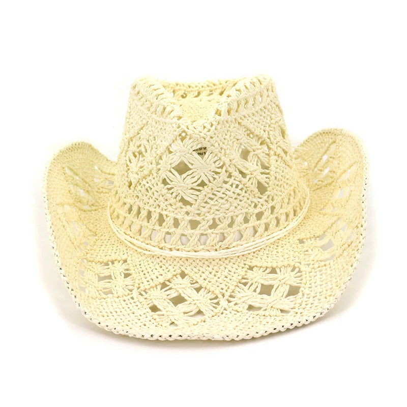 Sombrero de paja de papel estilo vaquero occidental, tejido a mano, para hombre y mujer, de ala ancha, transpirable, para playa, jazz, protección solar, verano al aire libre