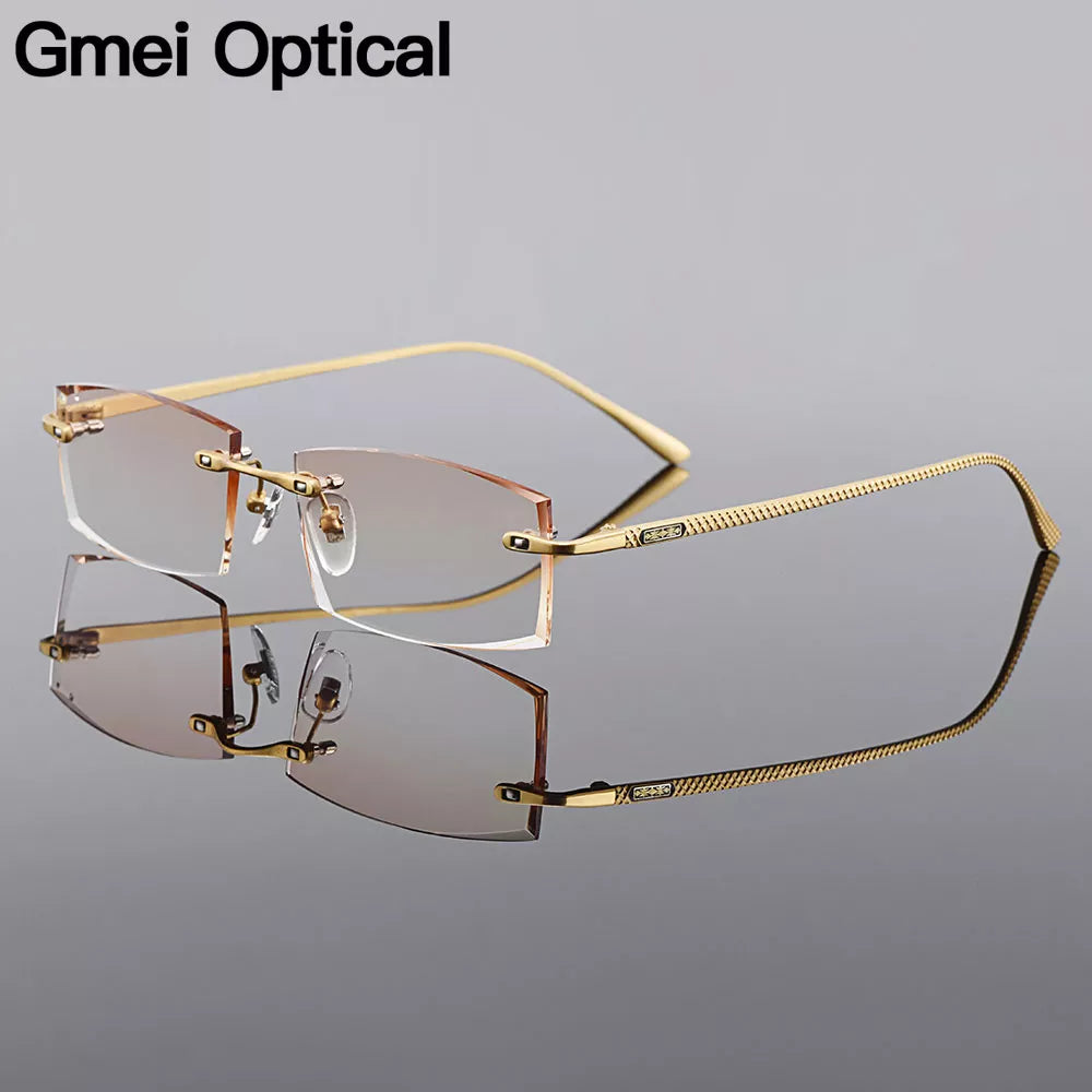 Oprawki okularowe męskie Gmei Optical prostokątne ze złotego stopu tytanu, bezramkowe z diamentowym szlifem, soczewki zerówki z gradientem brązowym Q6607
