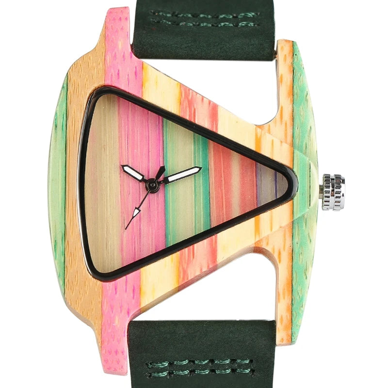 Reloj de pulsera para mujer, de madera colorida y única, con esfera triangular creativa, reloj de cuarzo con correa de cuero, Reloj Mujer