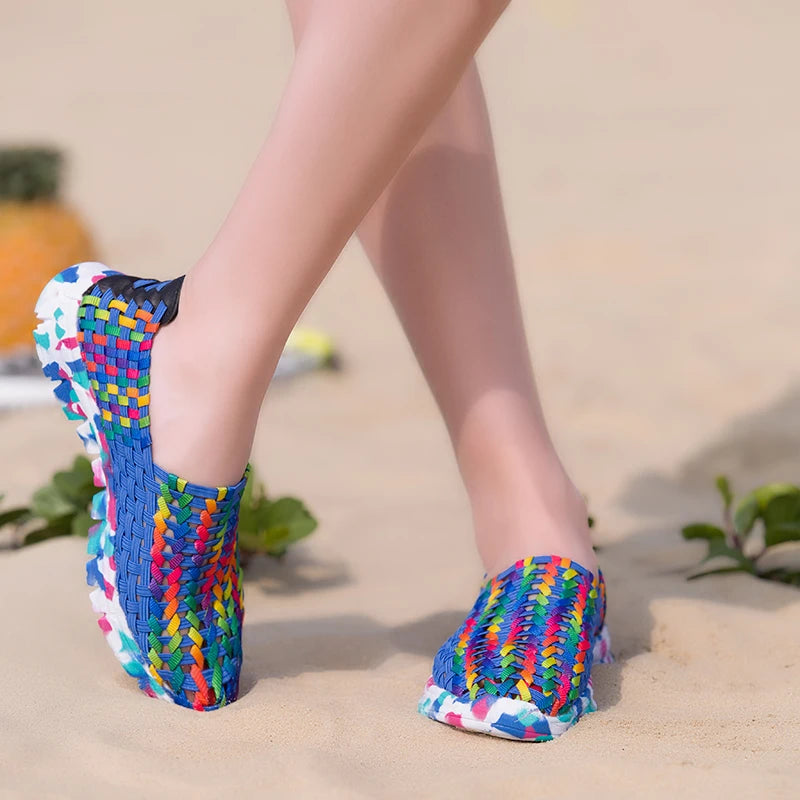 Women Shoes Summer Flats Female Loafers Women Casual Flat Woven Shoe Breathable Sneakers Slip on Colorful Mujer Plus Size 41