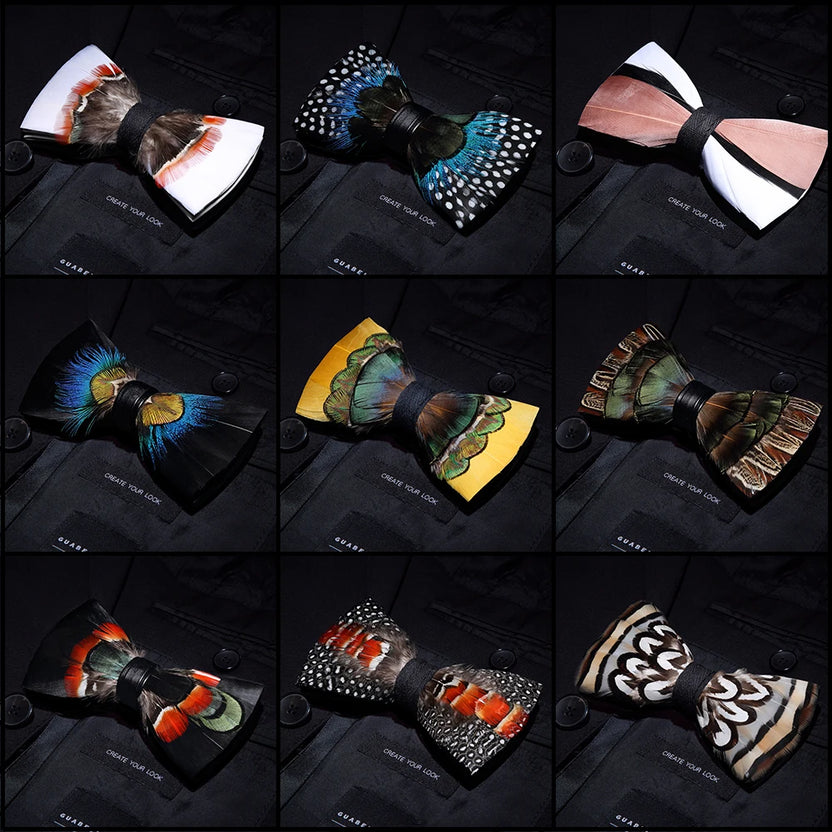 New Luxury Men Bow Tie Handmade Feather Bowtie Brooch Gift Box Set Party Wedding Man Accessories Father Day Gift
