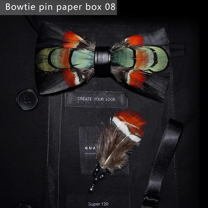 Nuevo set de regalo de pajarita de plumas hecha a mano para hombre, con broche, accesorios de fiesta y boda, regalo para el Día del Padre