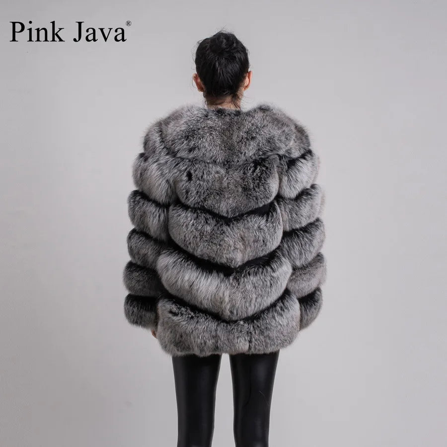Pink Java QC8066  High Quality Women  Real Fox Fur Coat Wihter Warm Thick Fox Fur Jacket Genuine Fur  Short Coat Long Sleeves