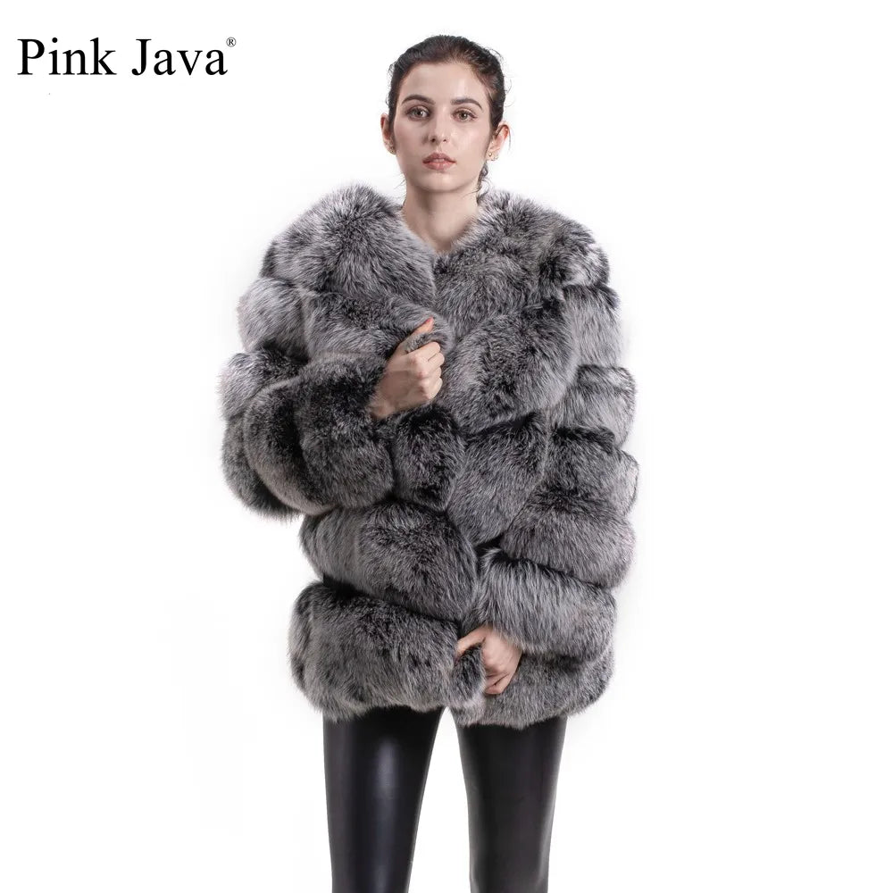 Pink Java QC8066  High Quality Women  Real Fox Fur Coat Wihter Warm Thick Fox Fur Jacket Genuine Fur  Short Coat Long Sleeves
