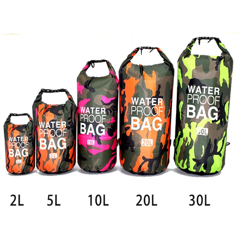 Mochila impermeable de camuflaje de PVC, bolsa portátil para deportes al aire libre, rafting, barranquismo, natación, bolsa seca tipo cubo de 2L 5L 10L 15L 20L 30L