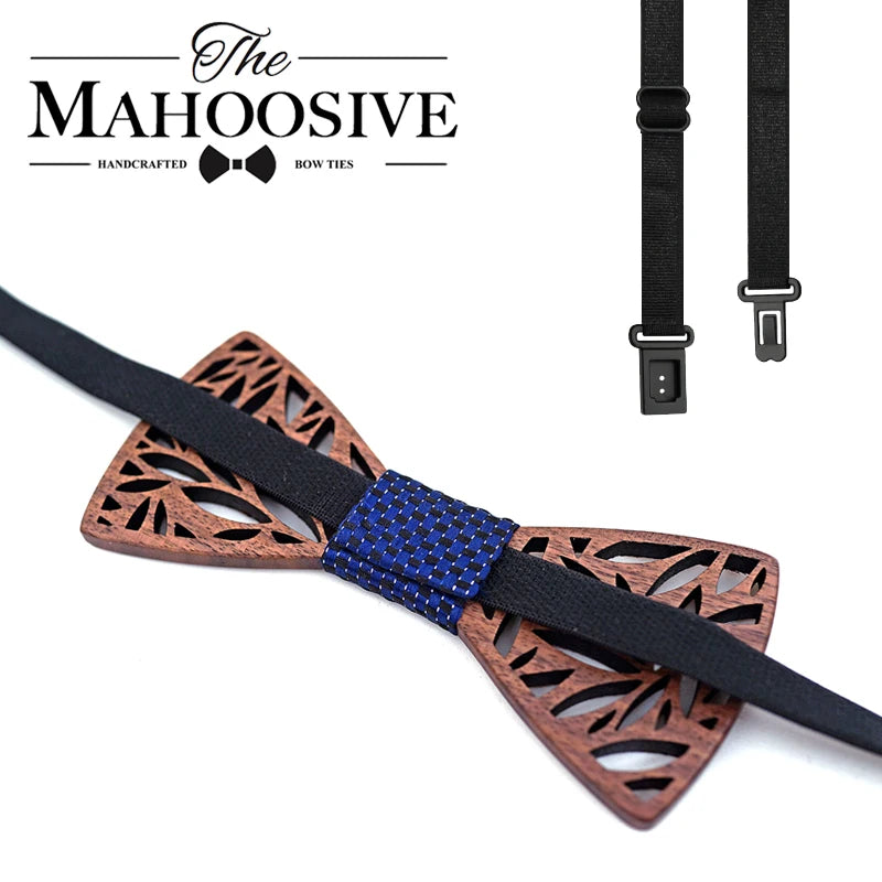 Wooden Bow Tie Handkerchief Set Men's Plaid Bowtie Wood Hollow Carved Cut Out Floral Design and Box Fashion Novelty Men Ties