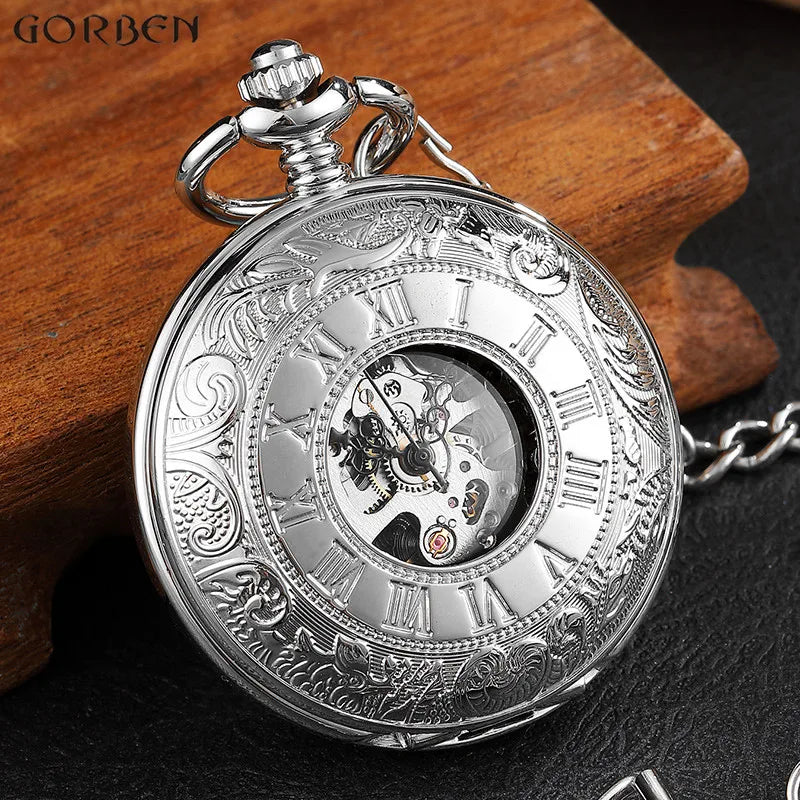 Reloj de bolsillo mecánico para hombre, estilo vintage, con caja de doble apertura, esfera con números romanos, cuerda manual y cadena con pasador, ideal para regalo.