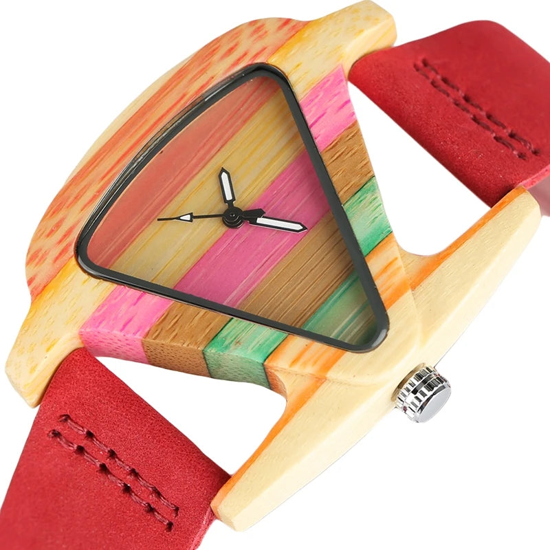 Reloj de pulsera para mujer, de madera colorida y única, con esfera triangular creativa, reloj de cuarzo con correa de cuero, Reloj Mujer