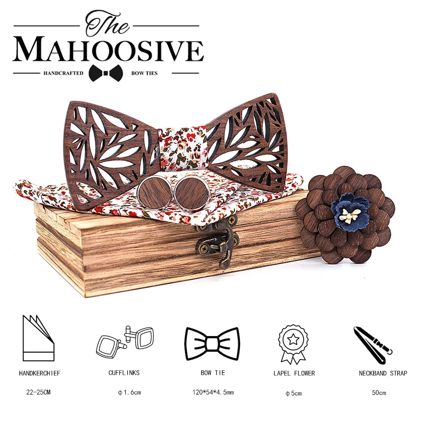 Wooden Bow Tie Handkerchief Set Men's Plaid Bowtie Wood Hollow Carved Cut Out Floral Design and Box Fashion Novelty Men Ties