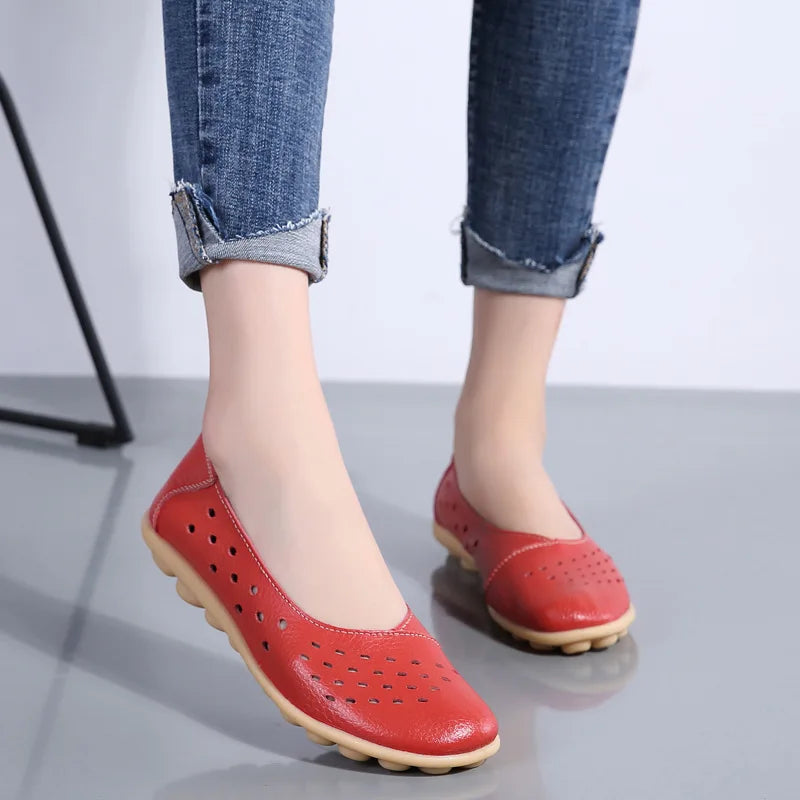 Dobeyping Genuine Leather Women Flats New Cut-Outs Summer Shoes Woman Hollow Women's Loafers Female Solid Shoe Large Size 35-44
