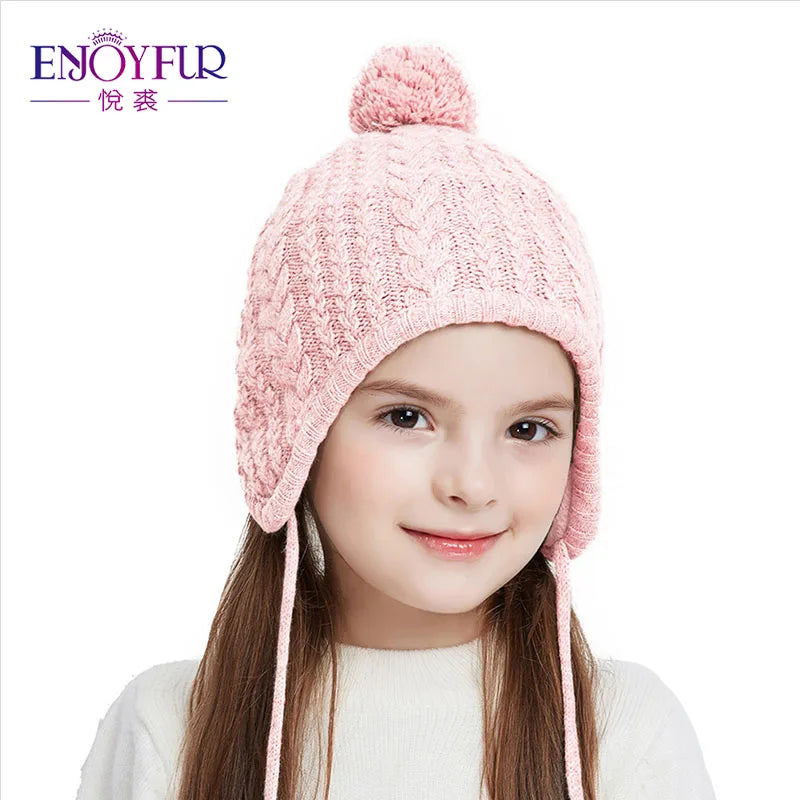ENJOYFUR Kids Winter Knit Hats for Girl Boy Natural Fox Fur Pompom Children Bonnets Warm Thick Cute Baby Outdoor Earflap Beanies