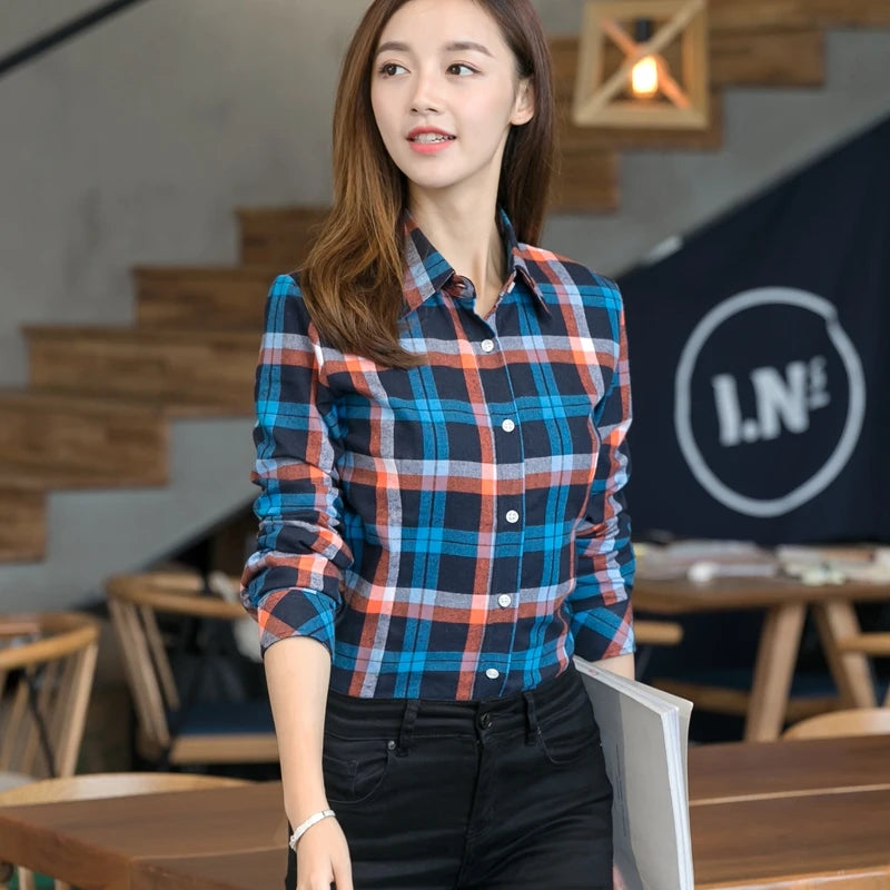 2024 Spring New Fashion Casual Lapel Plus Size Blouses Women Plaid Shirt Checks Flannel Shirts Female Long Sleeve Tops Blouse