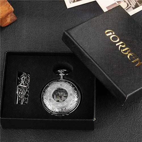 Reloj de bolsillo mecánico para hombre, estilo vintage, con caja de doble apertura, esfera con números romanos, cuerda manual y cadena con pasador, ideal para regalo.