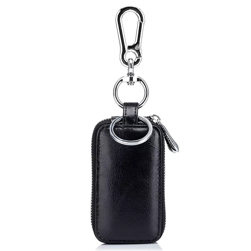 Estuche para llaves de coche y casa de auténtica piel de vaca, cartera mini con cremallera de doble bolsillo, color amarillo tierra, tarjetero con bolsillo transparente para hombre y mujer