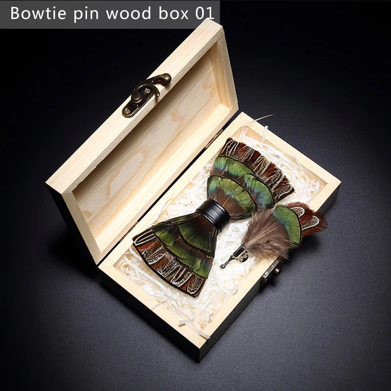 New Luxury Men Bow Tie Handmade Feather Bowtie Brooch Gift Box Set Party Wedding Man Accessories Father Day Gift