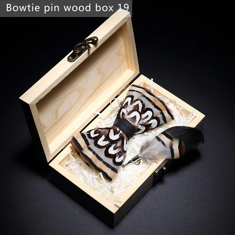 New Luxury Men Bow Tie Handmade Feather Bowtie Brooch Gift Box Set Party Wedding Man Accessories Father Day Gift