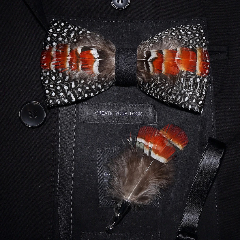 New Luxury Men Bow Tie Handmade Feather Bowtie Brooch Gift Box Set Party Wedding Man Accessories Father Day Gift
