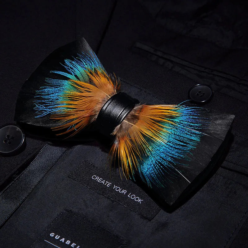 KAMBERFT Designer Brand Handmade Feather and Leather Pre-Tied Bow Tie for Men Wedding Party Best Gift Cravate