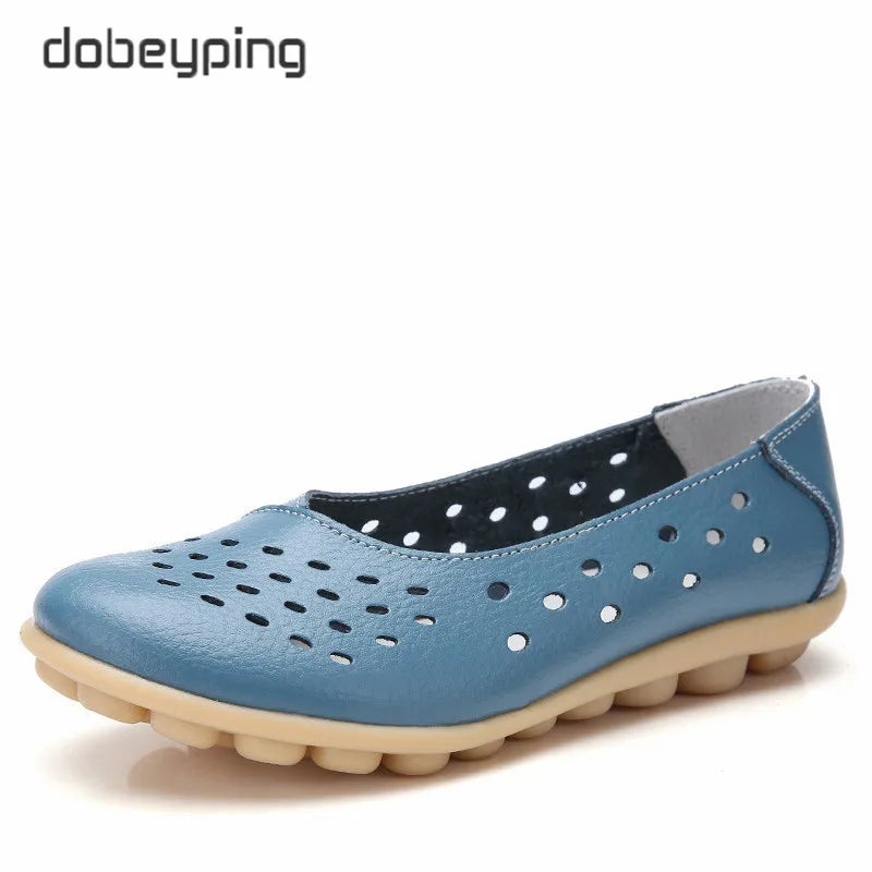 Dobeyping Genuine Leather Women Flats New Cut-Outs Summer Shoes Woman Hollow Women's Loafers Female Solid Shoe Large Size 35-44