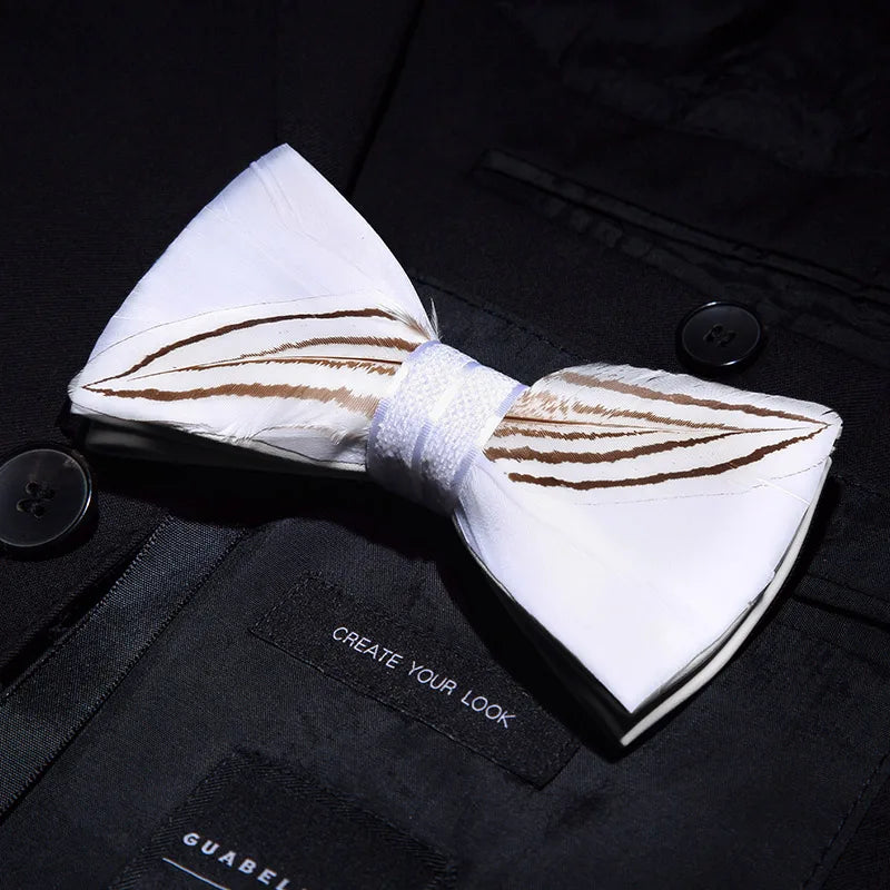 KAMBERFT Designer Brand Handmade Feather and Leather Pre-Tied Bow Tie for Men Wedding Party Best Gift Cravate