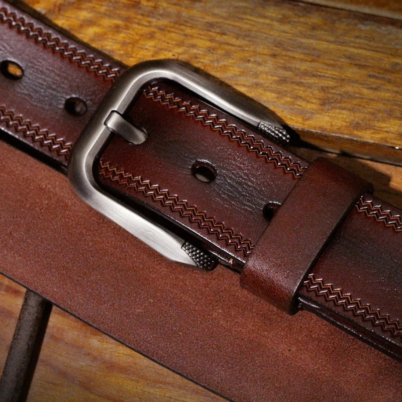 Cinturón de piel de vaca para hombre de 3.8 cm, cinturón de cuero genuino de grano completo de lujo, correa de alta calidad con hebilla de espiga para vaqueros