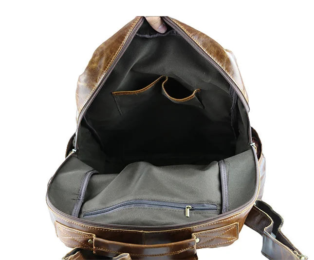 Genuine Leather Waterproof Men's Laptop Backpack Brown Travel Bag