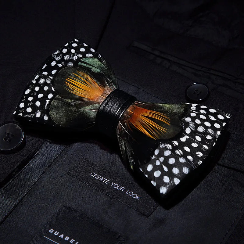 KAMBERFT Designer Brand Handmade Feather and Leather Pre-Tied Bow Tie for Men Wedding Party Best Gift Cravate