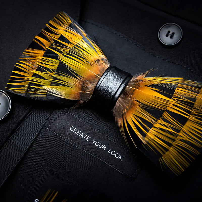 KAMBERFT Designer Brand Handmade Feather and Leather Pre-Tied Bow Tie for Men Wedding Party Best Gift Cravate