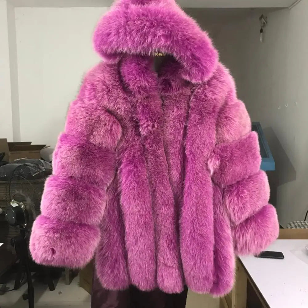 Pink Java QC8149 2018 New Model Women Real Fox Fur Coat Long Sleeves Hood Coat Genuine Fox Outfit High Quality