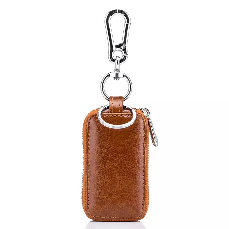 Genuine Cow Leather Home Car Keys' Bag Double Pocket Zipper Mini Wallet Earth Yellow Men Women's Key Holder Transparent Pocket