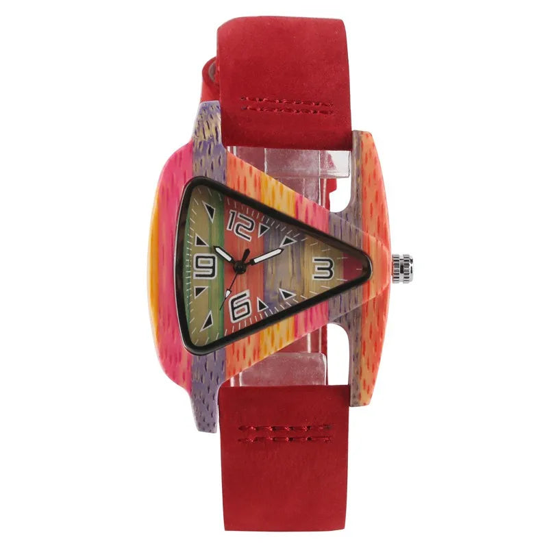 Reloj de pulsera para mujer, de madera colorida y única, con esfera triangular creativa, reloj de cuarzo con correa de cuero, Reloj Mujer