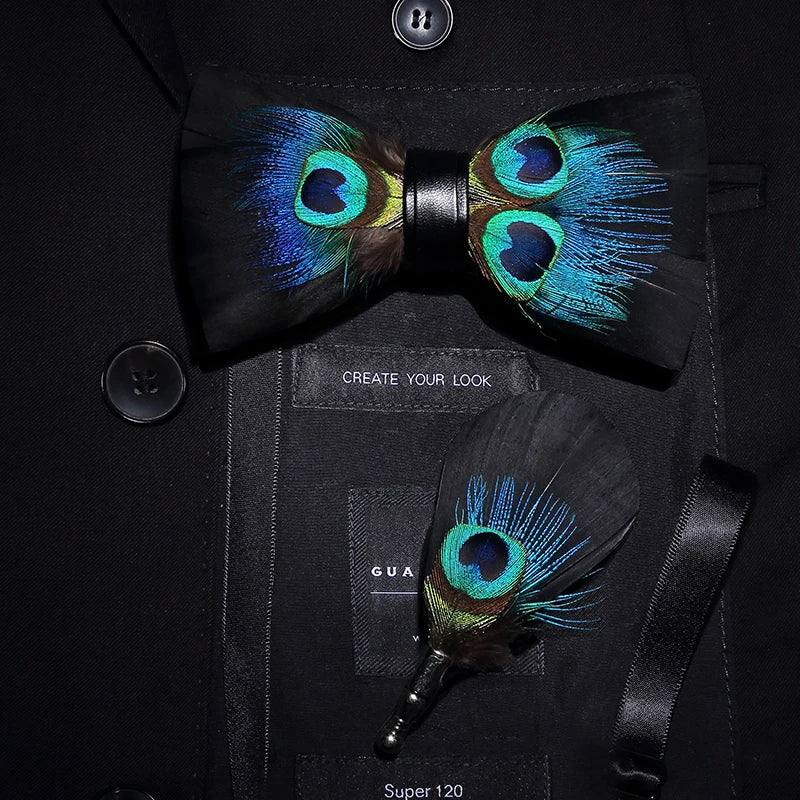 JEMYGINS Original Design Bow Tie Peacock Feather Bow Tie Handmade Bow Tie Brooch Gift Box Set Wedding Party Business