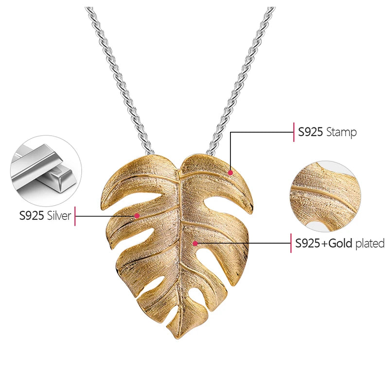 Lotus Fun Äkta 925 Sterling Silver Handgjorda Fina Smycken 18K Guld Monstera Blad Design Hänge Utan Halsband för Kvinnor Present