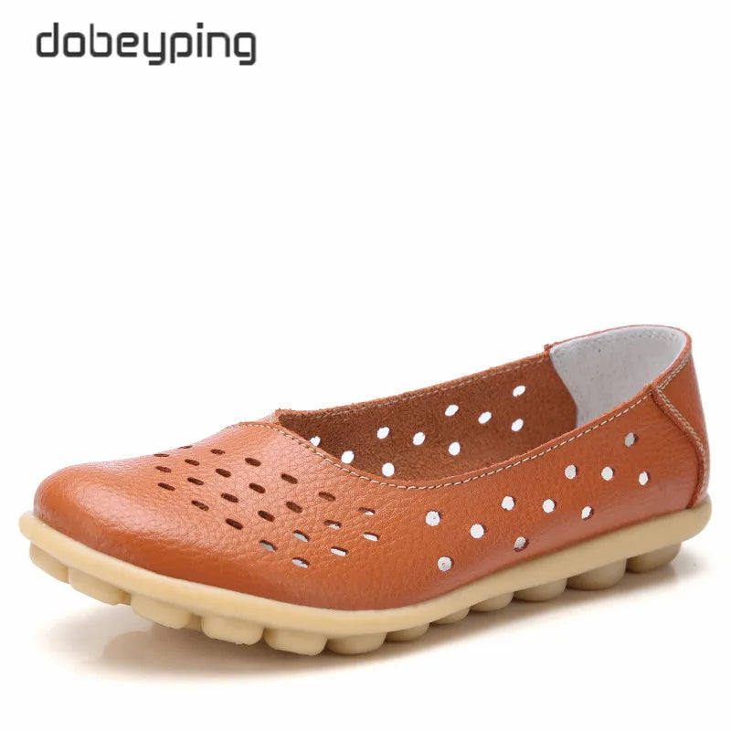 Dobeyping Genuine Leather Women Flats New Cut-Outs Summer Shoes Woman Hollow Women's Loafers Female Solid Shoe Large Size 35-44