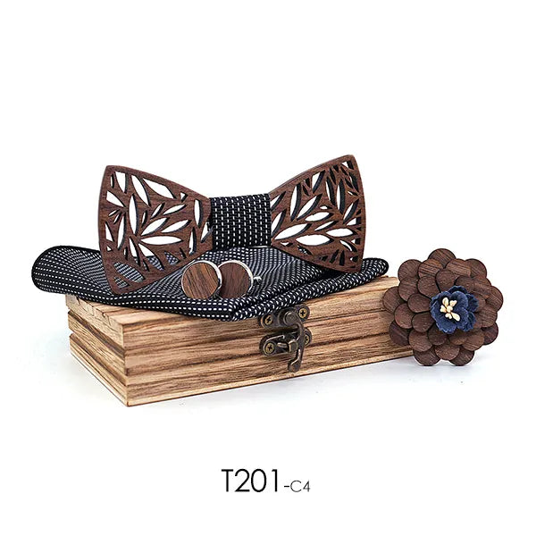 Wooden Bow Tie Handkerchief Set Men's Plaid Bowtie Wood Hollow Carved Cut Out Floral Design and Box Fashion Novelty Men Ties