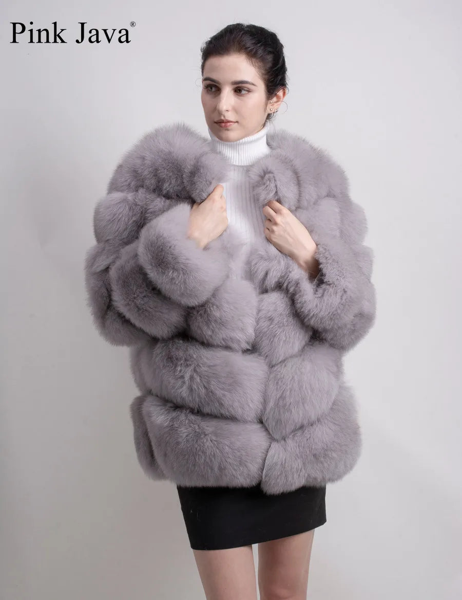 Pink Java QC8066  High Quality Women  Real Fox Fur Coat Wihter Warm Thick Fox Fur Jacket Genuine Fur  Short Coat Long Sleeves