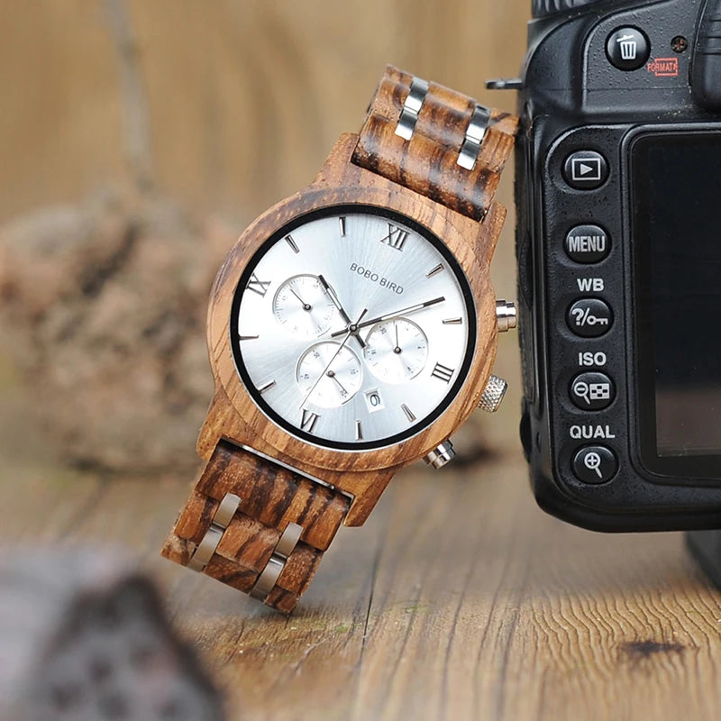 BOBO BIRD Luxury Watch Men Metal Wooden Chronograph Man's Quartz Wristwatch Male Auto Date Clock Armbanduhr Custom Logo