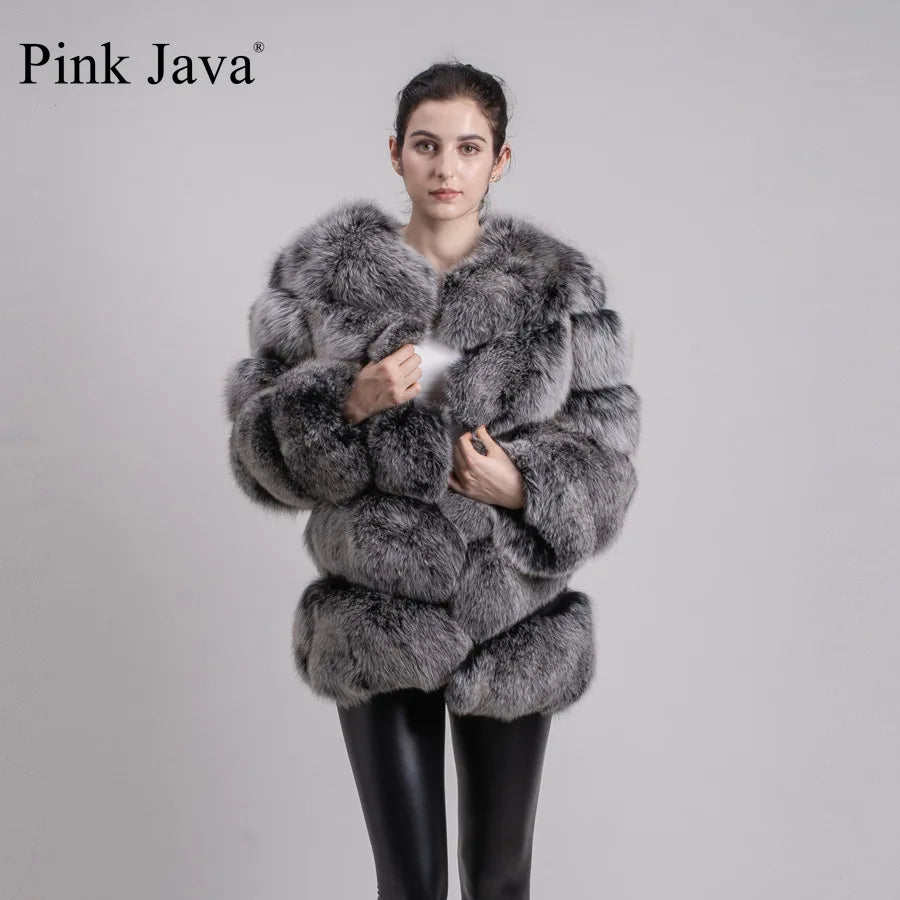 Pink Java QC8066  High Quality Women  Real Fox Fur Coat Wihter Warm Thick Fox Fur Jacket Genuine Fur  Short Coat Long Sleeves