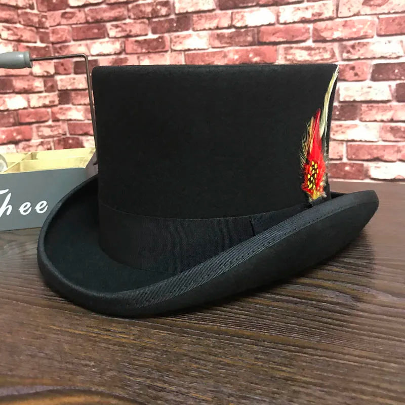 Black Men Woolen Fedora Hat Flat Mad Hatter Top Hat Traditional President Party Hat Steampunk Magic Hat With Feather