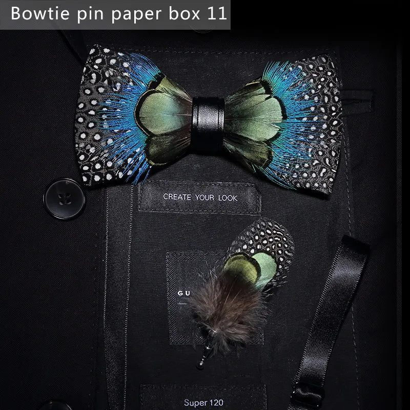 Nuevo set de regalo de pajarita de plumas hecha a mano para hombre, con broche, accesorios de fiesta y boda, regalo para el Día del Padre